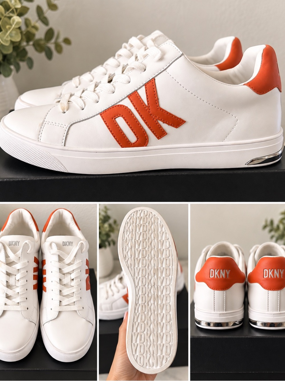 DKNY White Sneakers with Orange Logo and Heel